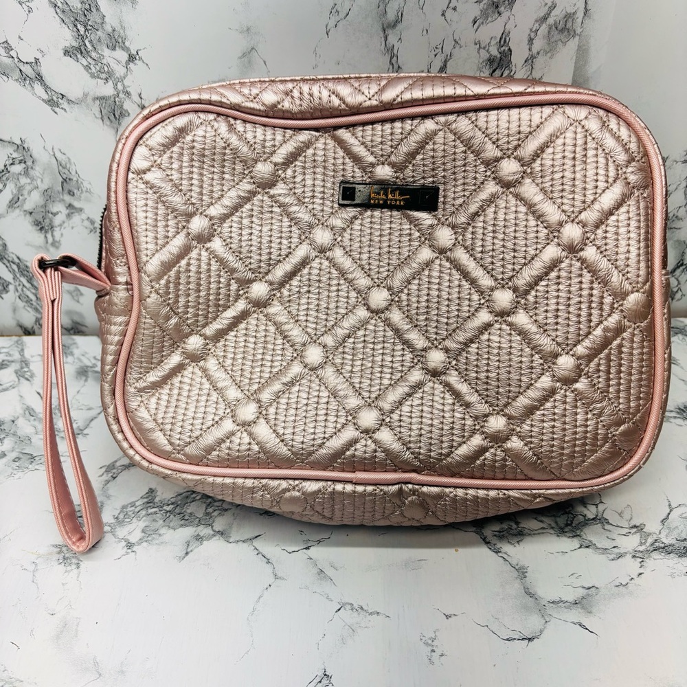 Nicole Miller Quilted Metallic Rose Cosmetic Wristlet 2 Zipper Pocket